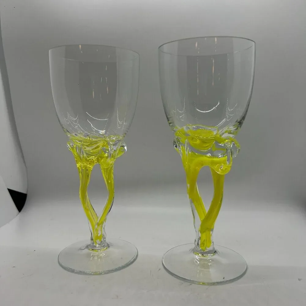 2 Vintage Jozefina Krosno Art Glass Twisted wine yellow Stem Water Goblet art